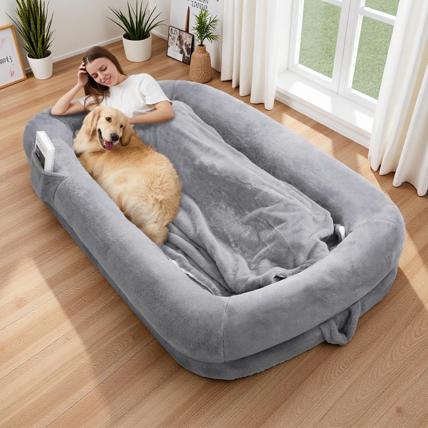 Melocadol Human Dog Bed for Adult, 71"x40"x10" Fits You & Pets, Orthopedic Foam, Washable Faux Fur, Removable Cover, Light Grey