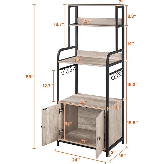 4-Tier Kitchen Bakers Rack with Storage Cabinet and Hutch, Microwave Oven Stand Coffee Bar Pantry Cabinet with 8 S Hooks, Freestanding Kitchen Shelves Spice Rack, Gray