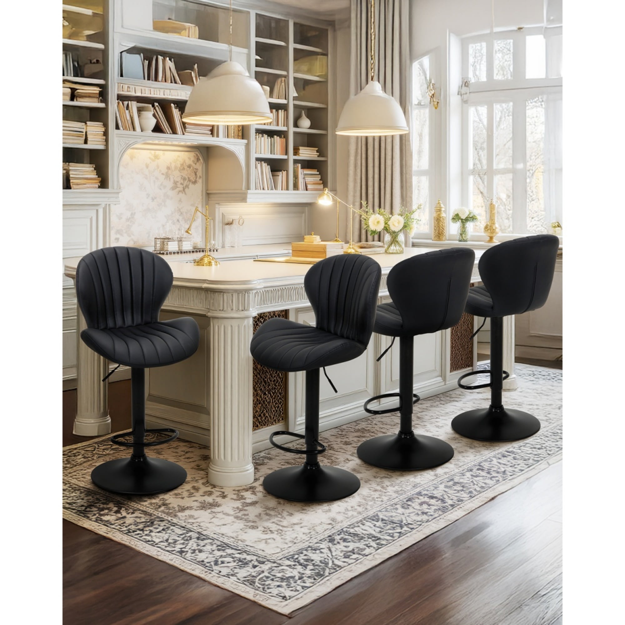 EOP Swivel Bar Stools Set of 4, Modern Upholstered Adjustable Height Counter Stools with Footrest, Faux Leather Upholstered BarStools with Metal Frame, Bar Chairs with Backrest, Black