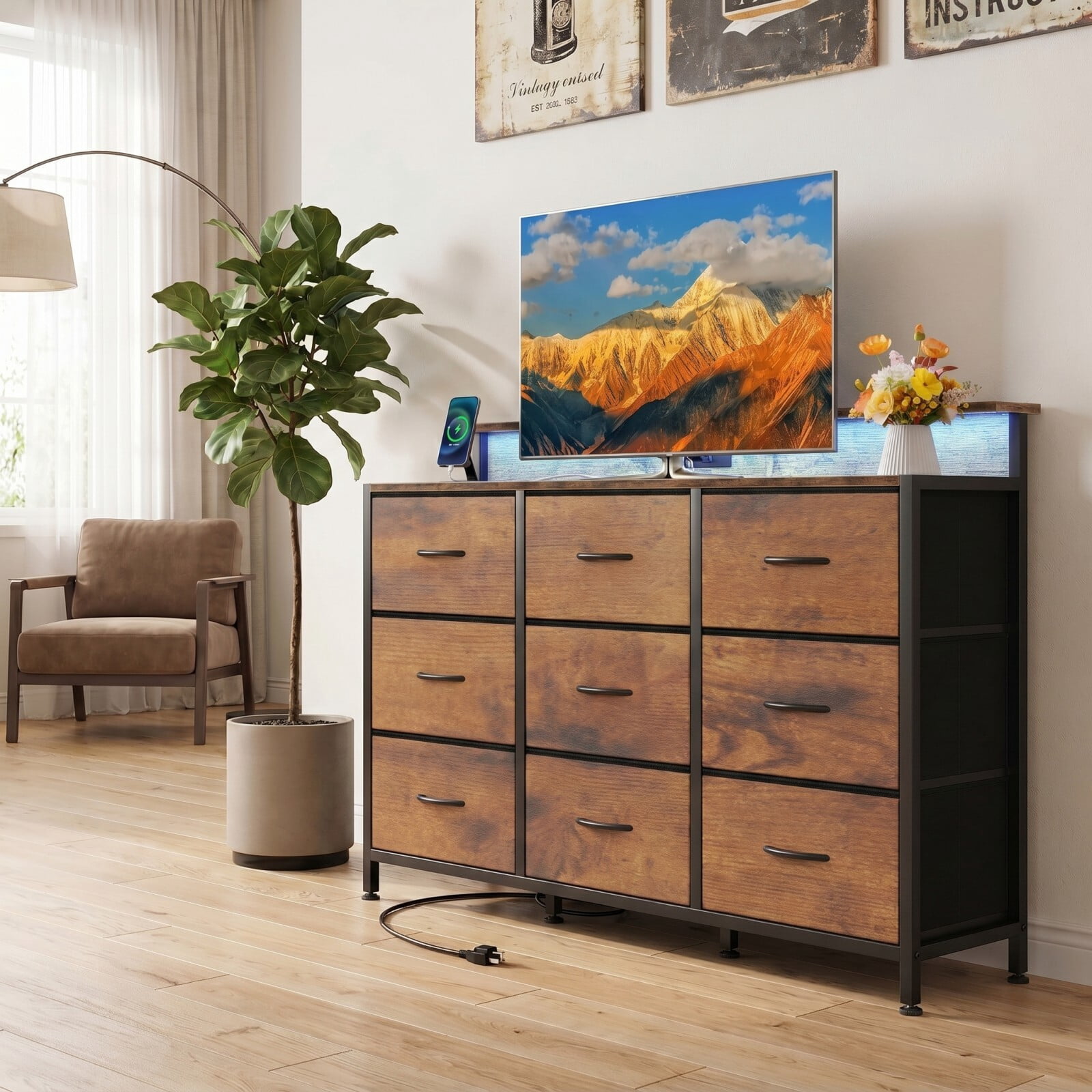 BEAUTYPEAK TV Stand Dresser with 9 Fabric Drawers LED Light AC USB-C Charging Station, Rustic Brown