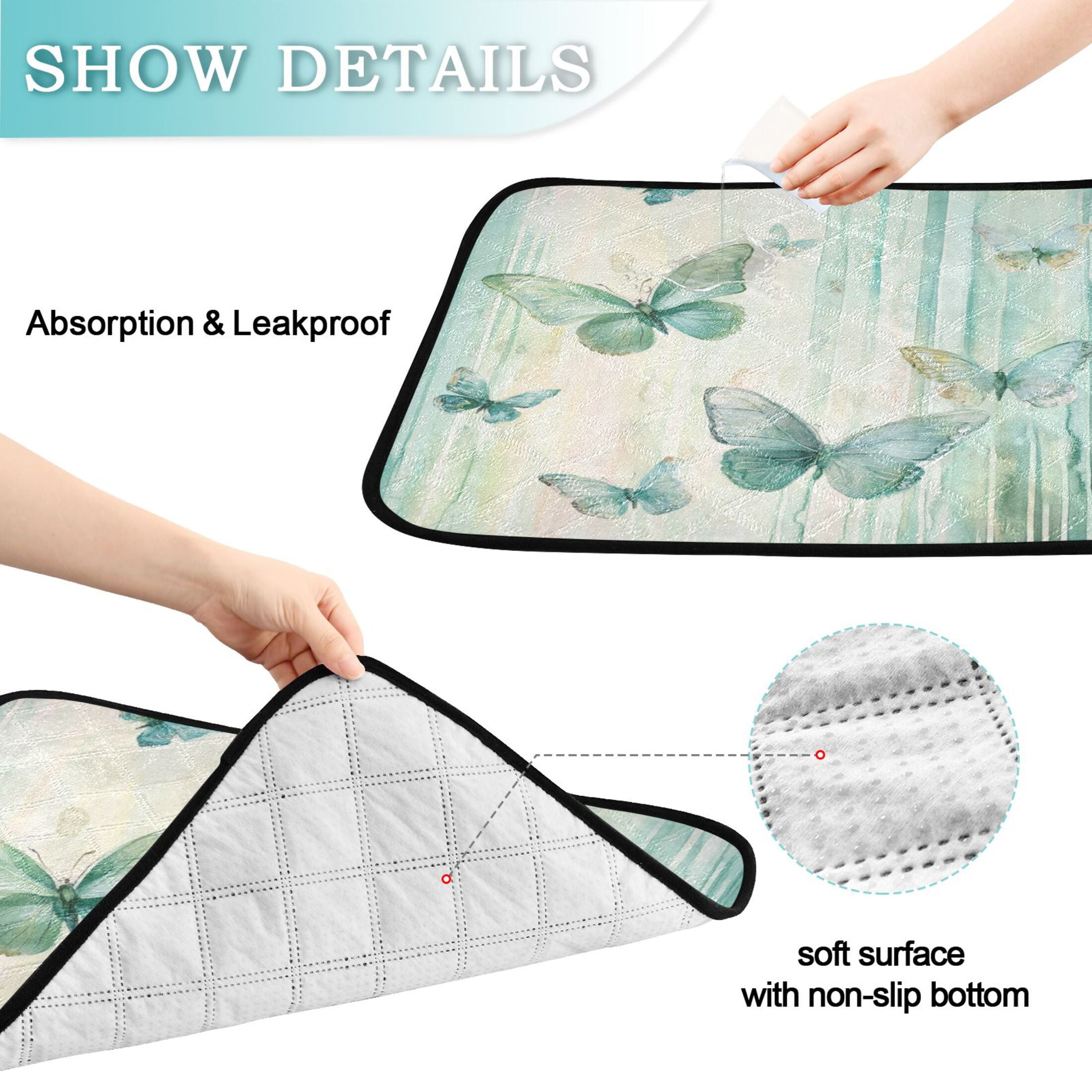 Qxltty Light Green Butterfly Cat litter Pads Pet Set of 3 Diaper Mats Center Anti-leakage Layer Absorbent Soft and Comfortable