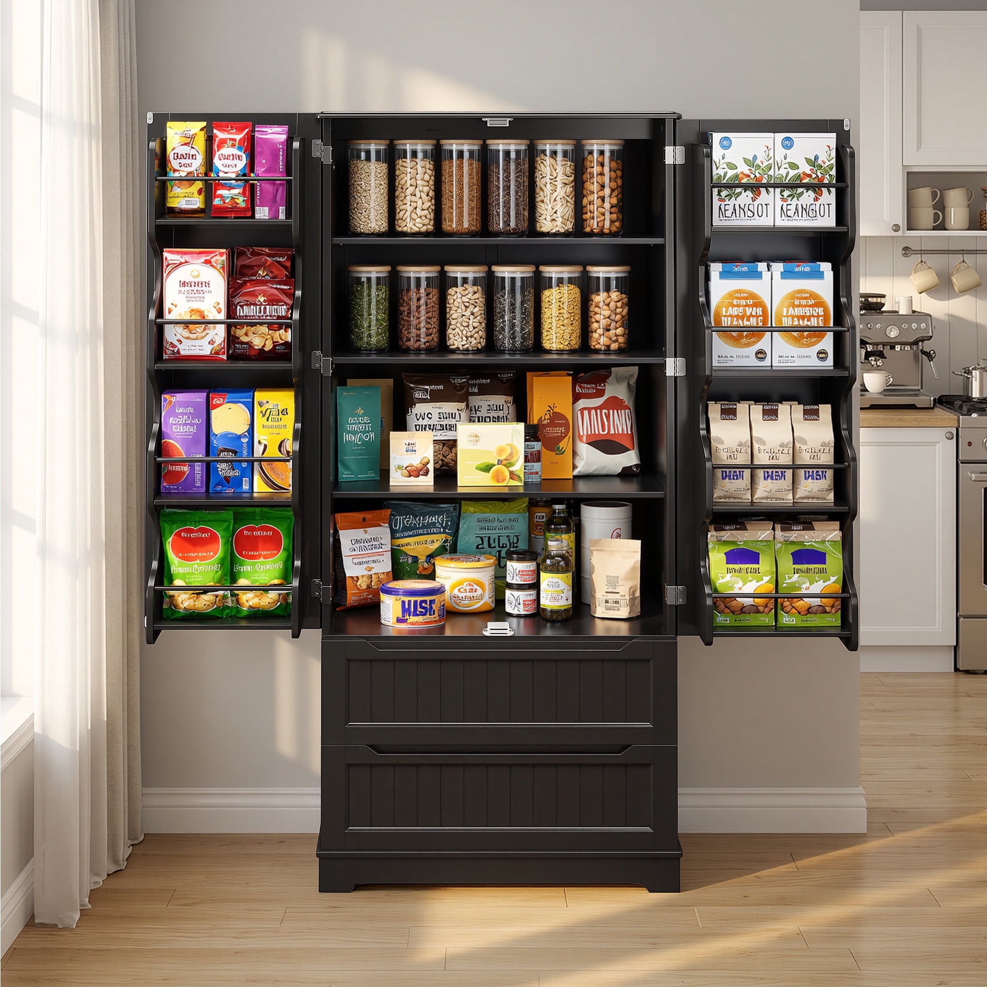Pantry Cabinet, Asofer 71" Pantry Storage Cabinet with 2 Doors , 11 Shelves & 2 Drawers for Kitchen Dining Room, Black
