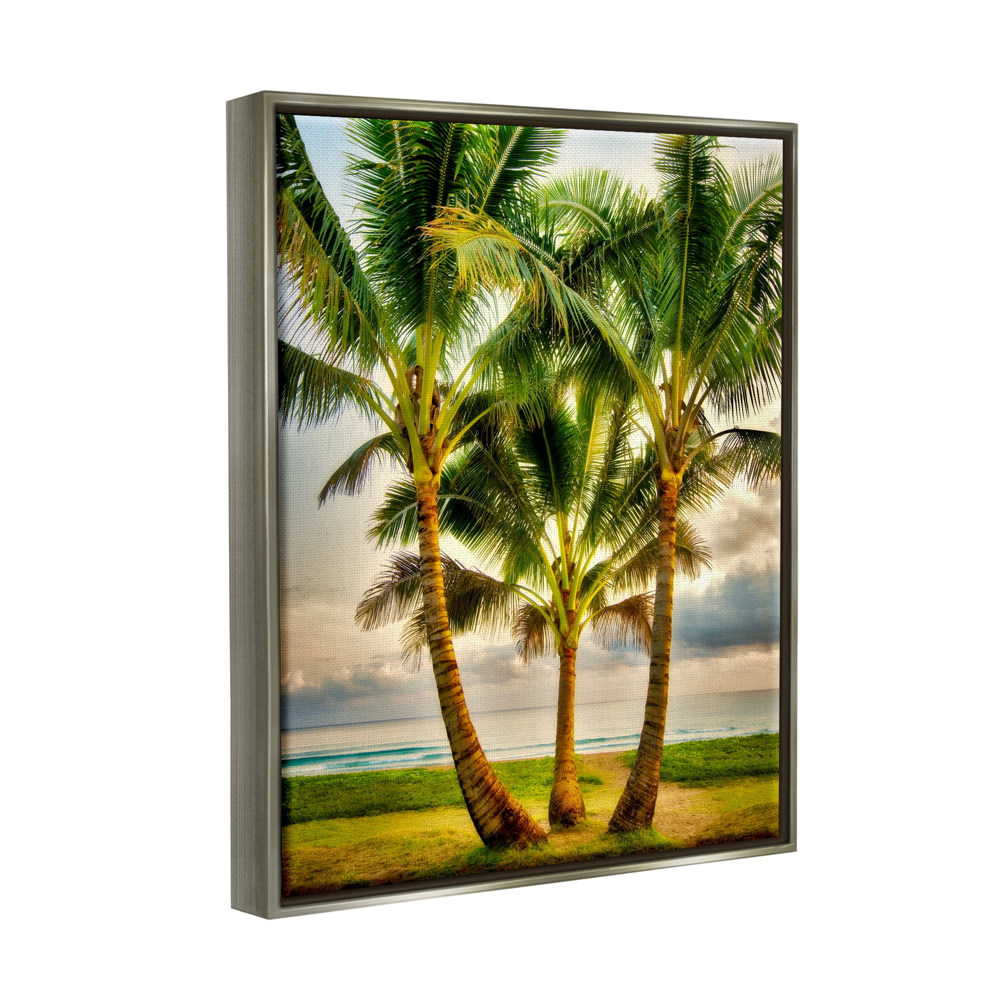Stupell Industries Three Palm Trees on Beach Nature Painting Gray Floater Framed Art Print Wall Art, 17 x 21