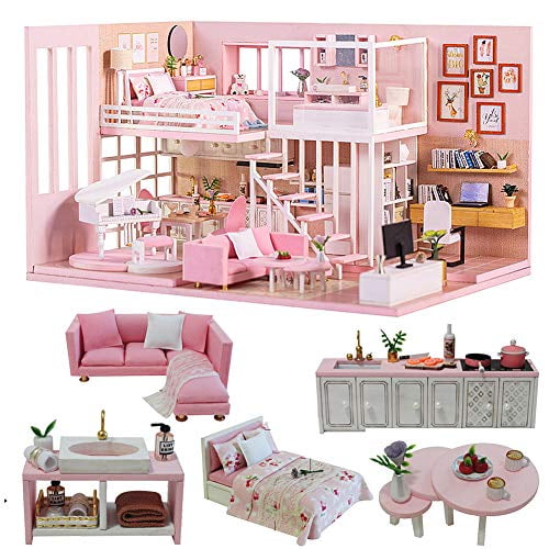 Miniature Dolls House kit Fsolis DIY Dollhouse Miniature Kit with Furniture 3D Wooden Miniature House with Dust Cover and Music Movement 13848
