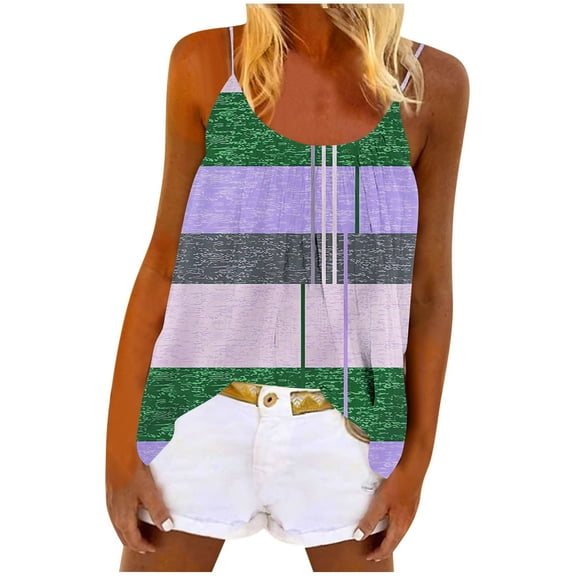 Lenpel Women's Tank Tops Summer Spaghetti Strap Scoop Neck Pleated Color Block Sleeveless T-Shirts Casual Loose Cami Shirts