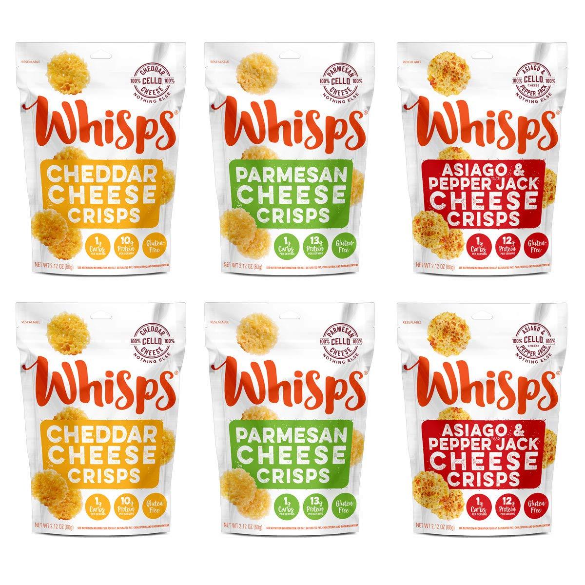 whisps cheese crisps 6 pack assortment keto snack, no gluten, no sugar, low carb, high protein