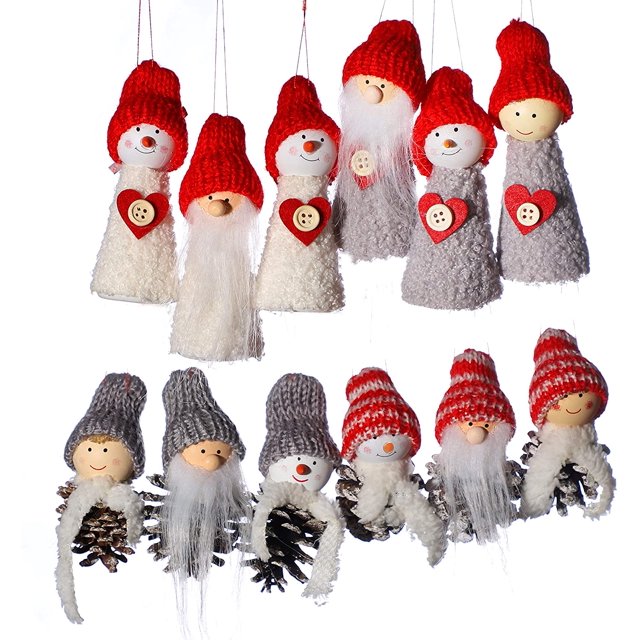 12 colgantes de árbol de Navidad, muñeca de muñeco de nieve de punto de Navidad, gnomo de cono de pino, adorno de ramo de Navidad, abeto Zhivalor WLJ-1018