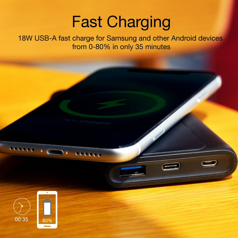 10000mAh Power Bank for Samsung Galaxy S23/S22/S21/S20/Ultra/Plus - Wireless Charging Backup Battery Portable Charger Slim 2-Port USB, Black