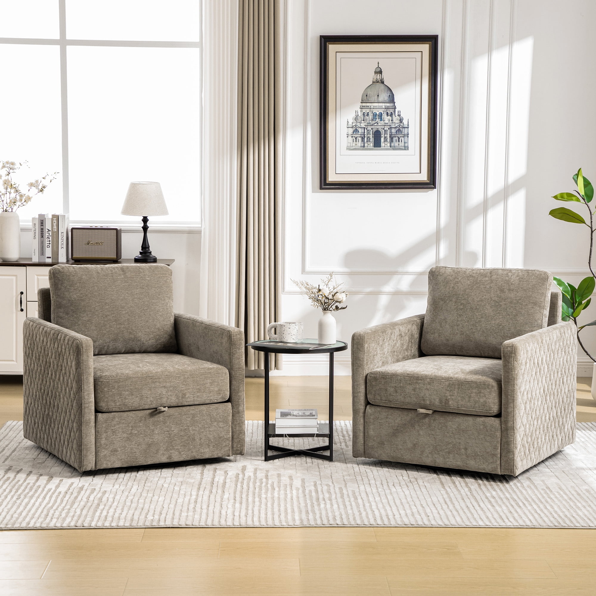 Leumius 360° Swivel Armchair with Hidden Storage, Comfy Diamond-Shape Tufted Armrests Accent Square Club Chair Single Sofa with Pillow for Living Room Bedroom Reading Nook Taupe