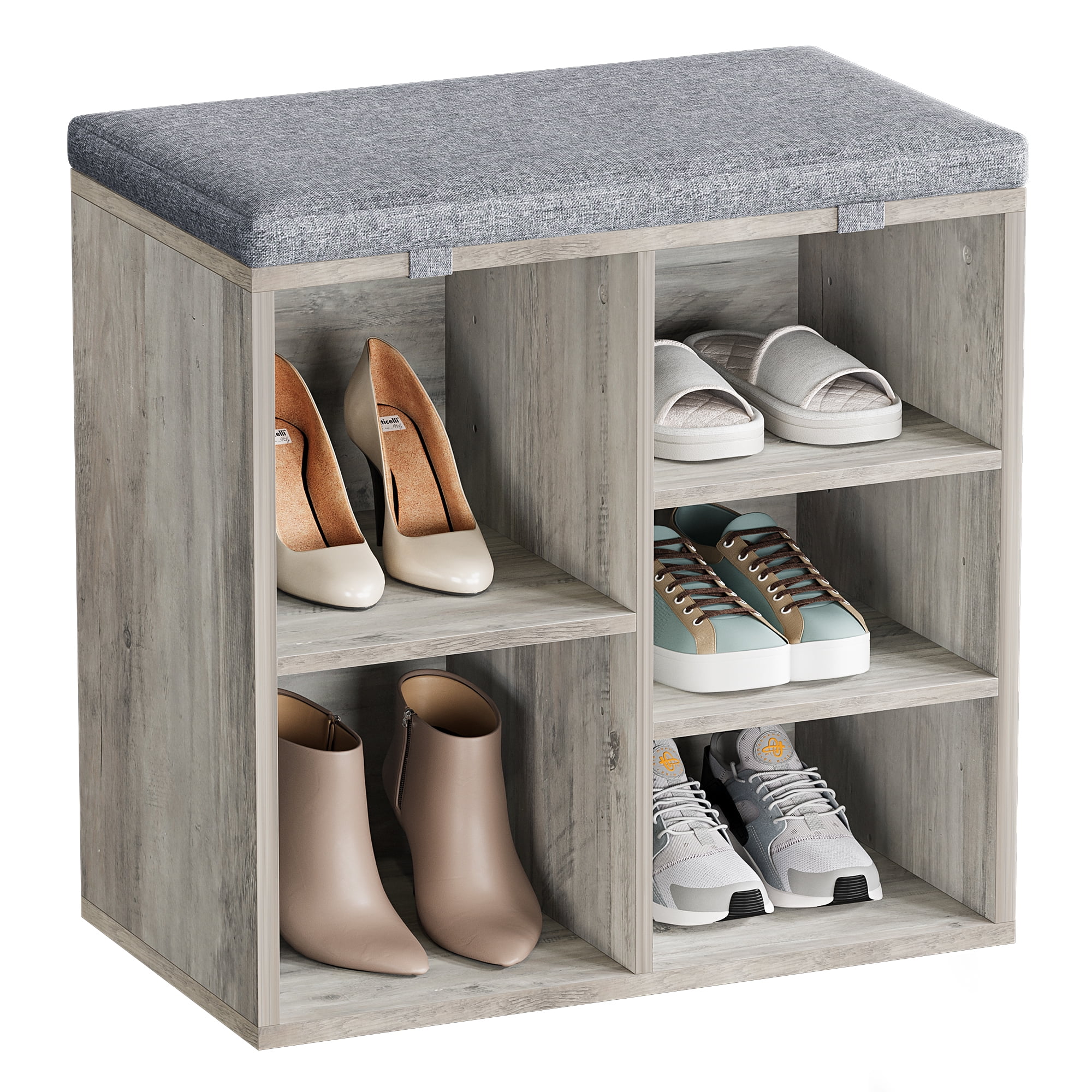 Accreate 20 Inch Shoe Storage Bench with Cushion and Side Pocket – 10 Cubbies Shoe Rack with Adjustable Shelves, Gray