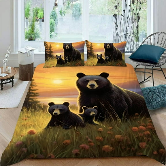 Pratyus Bear Cubs Sunset 3-Piece Bedding Set Easy to Clean and Care for Peach Skin Fabric Bedroom Guest Room 87x68in