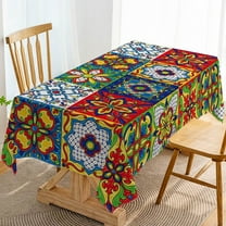 Mexican Talavera Ceramic Tile Tablecloth Rectangle Table Cover for Dia De Los Muertos Day of The Dead Birthday Party Decoration Home Dinner Kitchen Table Decor-60×84inch