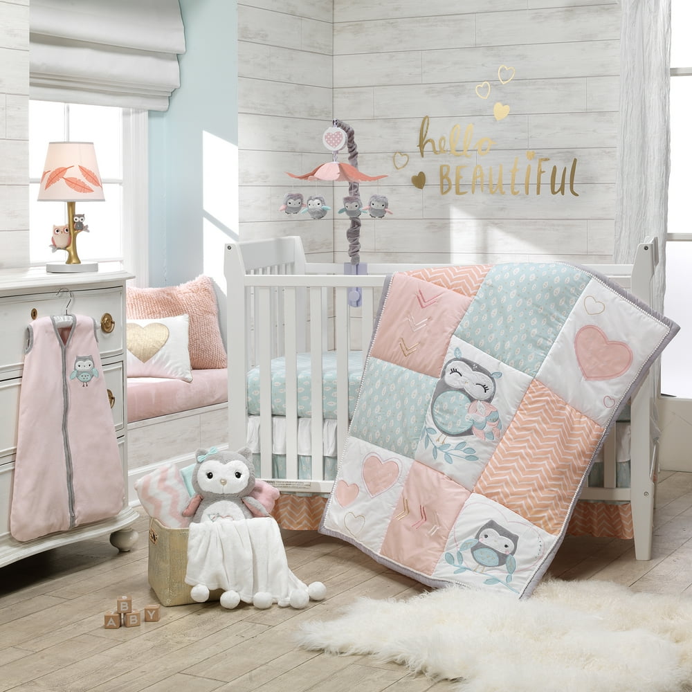 Lambs & Ivy Sweet Owl Dreams Pink Heart Nursery 6Piece Baby Crib