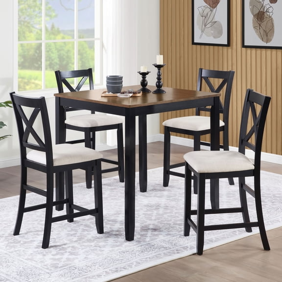 MAYEERTY 5-Piece Counter Height Dining Table Set with 4 Chairs, Farmhouse 4-Person Wooden Set for Small Kitchen Dining Room