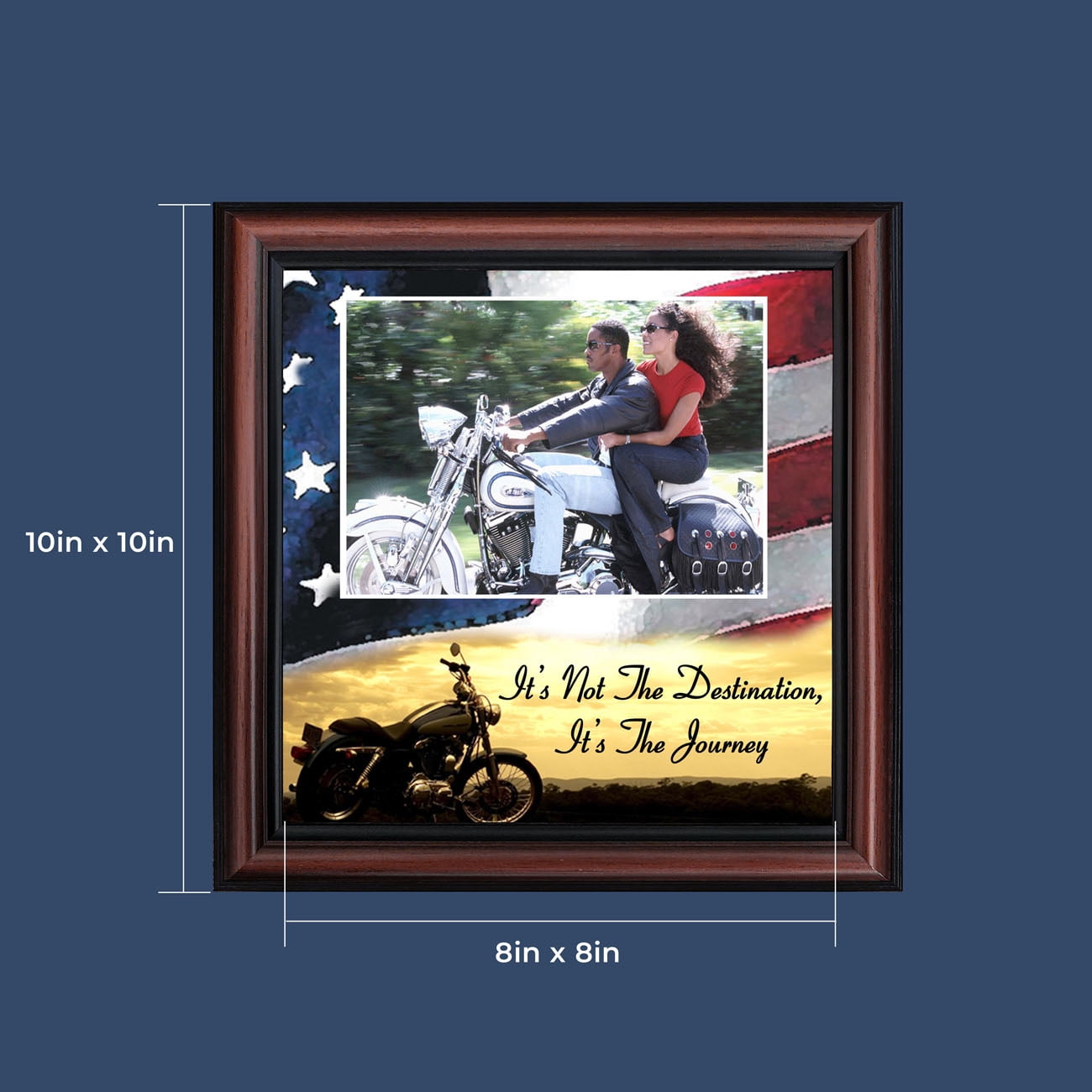Harley Davidson Gifts for Men and Women, Patriotic Harley Accessories, Harley Davidson Wedding Gifts, Sunset American Flag for Harley Riders, "It's Not the Destination" Unique Motorcycle Decor, 9754
