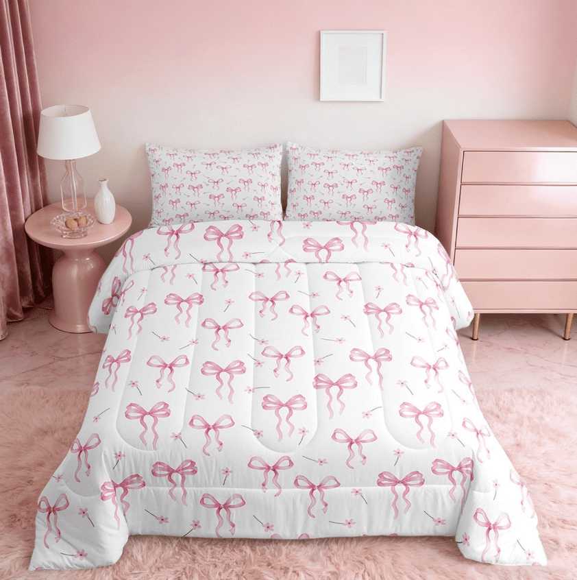 jejeloiu Kawaii Bow Queen Comforter Set,Girls Bow Knot Bedding Sets,Pink White Flower Bedding Comforter Set For Child,Breathable Bedroom Decorative Reversible,3-Piece