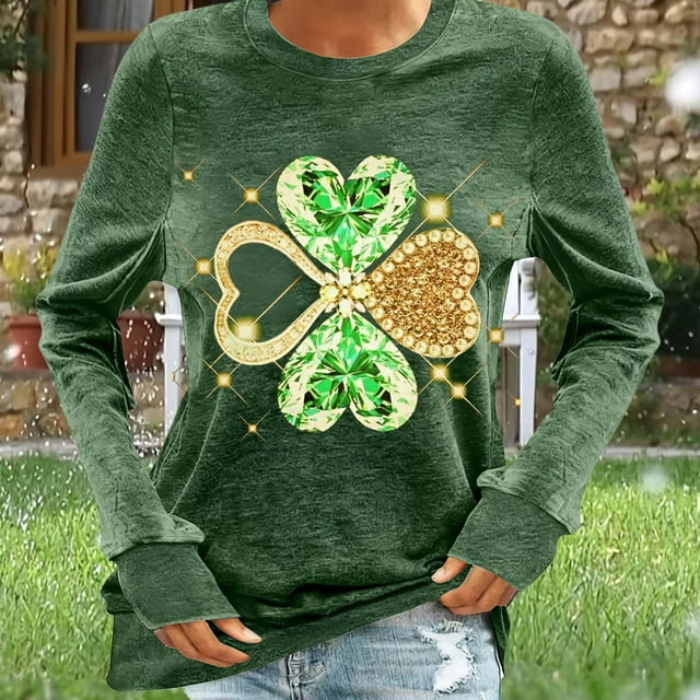 Xuyuer Women St. Patrick's Day Sweatshirts Shamrock Shirt Clover Printed Long Sleeve Irish Gift Casual Loose Fit Tops Hooded Sweatshirt