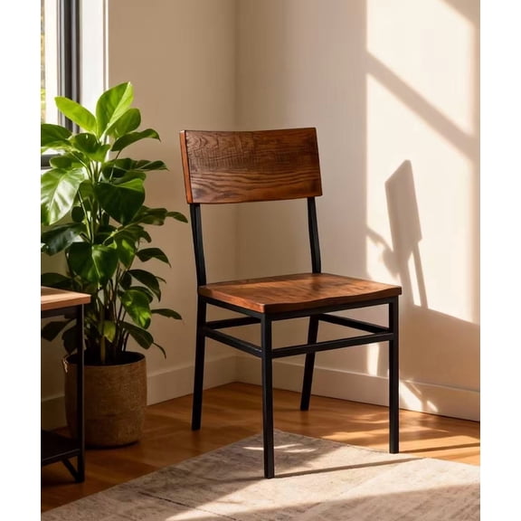 FFZ Set of 2 Commercial-Grade Farmhouse Dining Chairs with Metal Frame and Oak Seat, Black Brown
