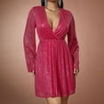 thumbnail image 2 of Oksale Womens Sparkly Sequin Dresses Asymmetrical Hem Mini Dress Long Flare Sleeve Dresses Sexy Deep V Neck Party Dress 2025 Hot Pink M, 2 of 8