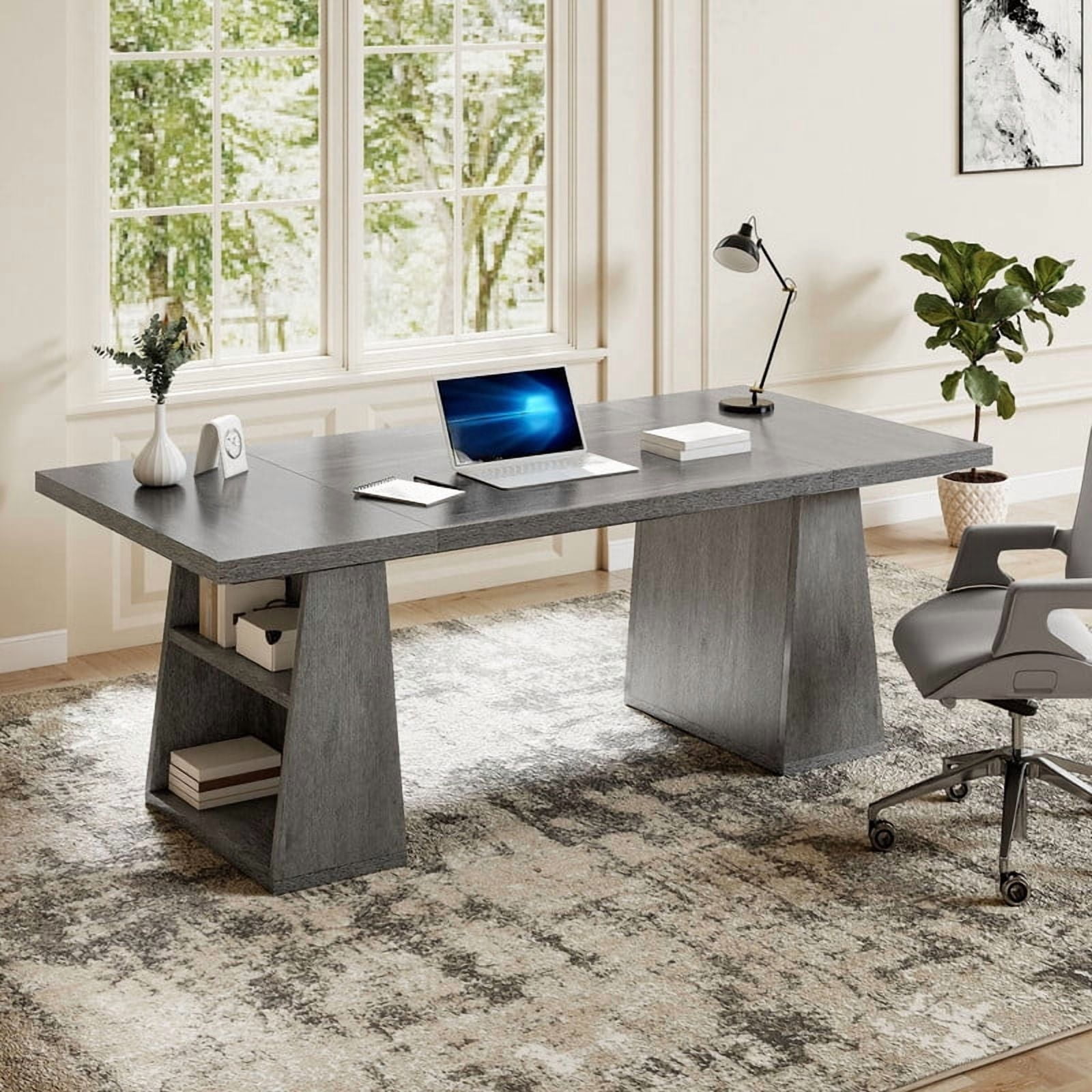 Uforic 63 inches Executive Desk with Double Pedestal and Storage Shelves, Home Office Desk Computer Desk Conference Table, Gray