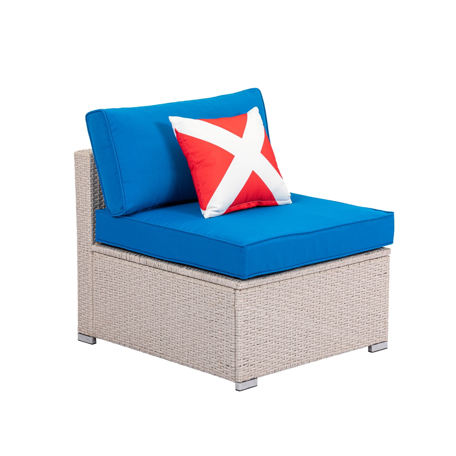 COSIEST Outdoor Furniture White Wicker Armless Chair with Blue Cushions