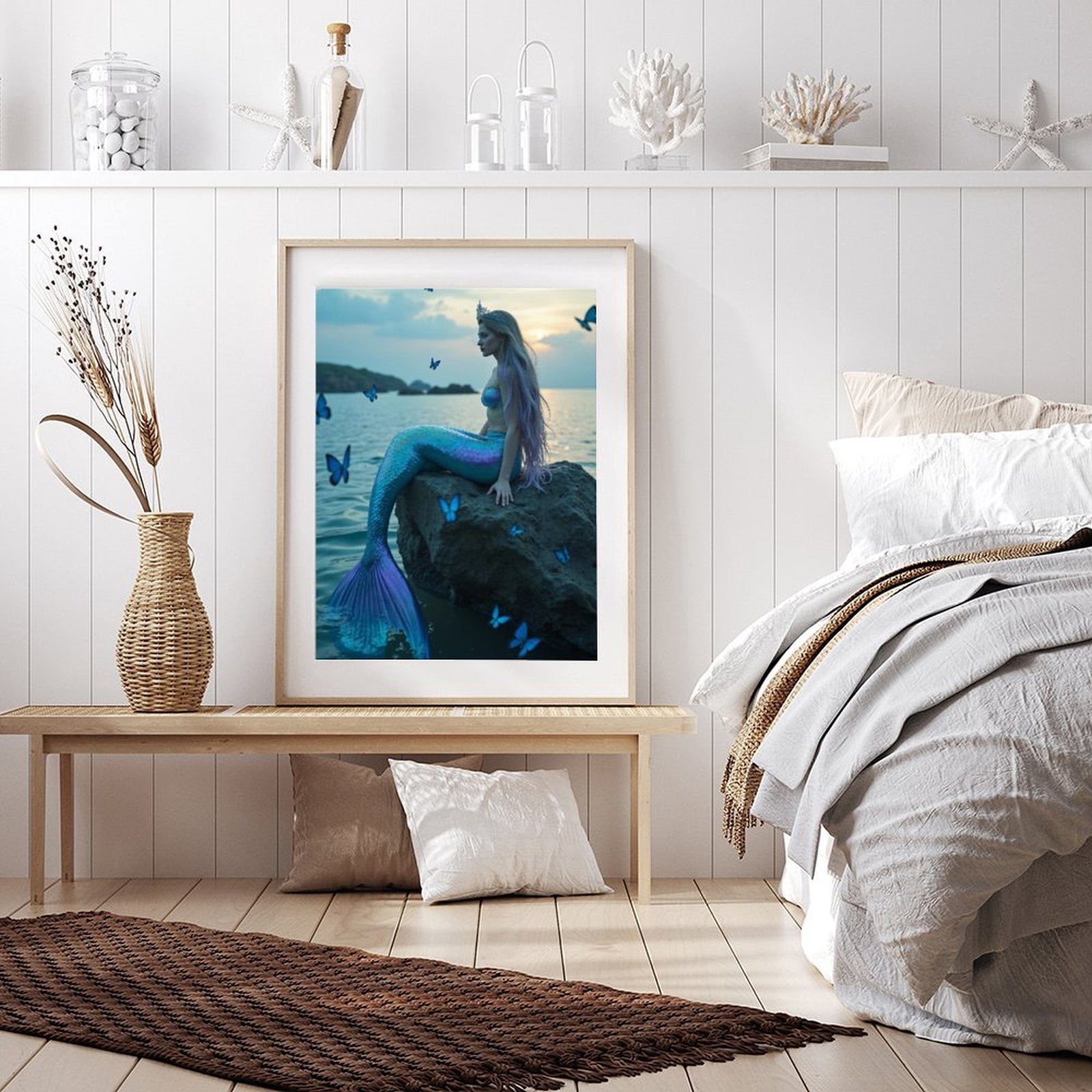 Diamond Art Kits for Adults - 5d Mermaid Sitting Ocean Butterflies Diamond Painting for Adults, Diamond Art for Adults Beginners, Diamond Painting Kits for Adults for Home Wall Decor