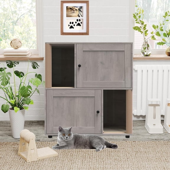 Acekid Cat Litter Box Enclosure Furniture Double Wooden Enclosed Litter Box Two-Unit Hidden Litter Cabinet Farmho