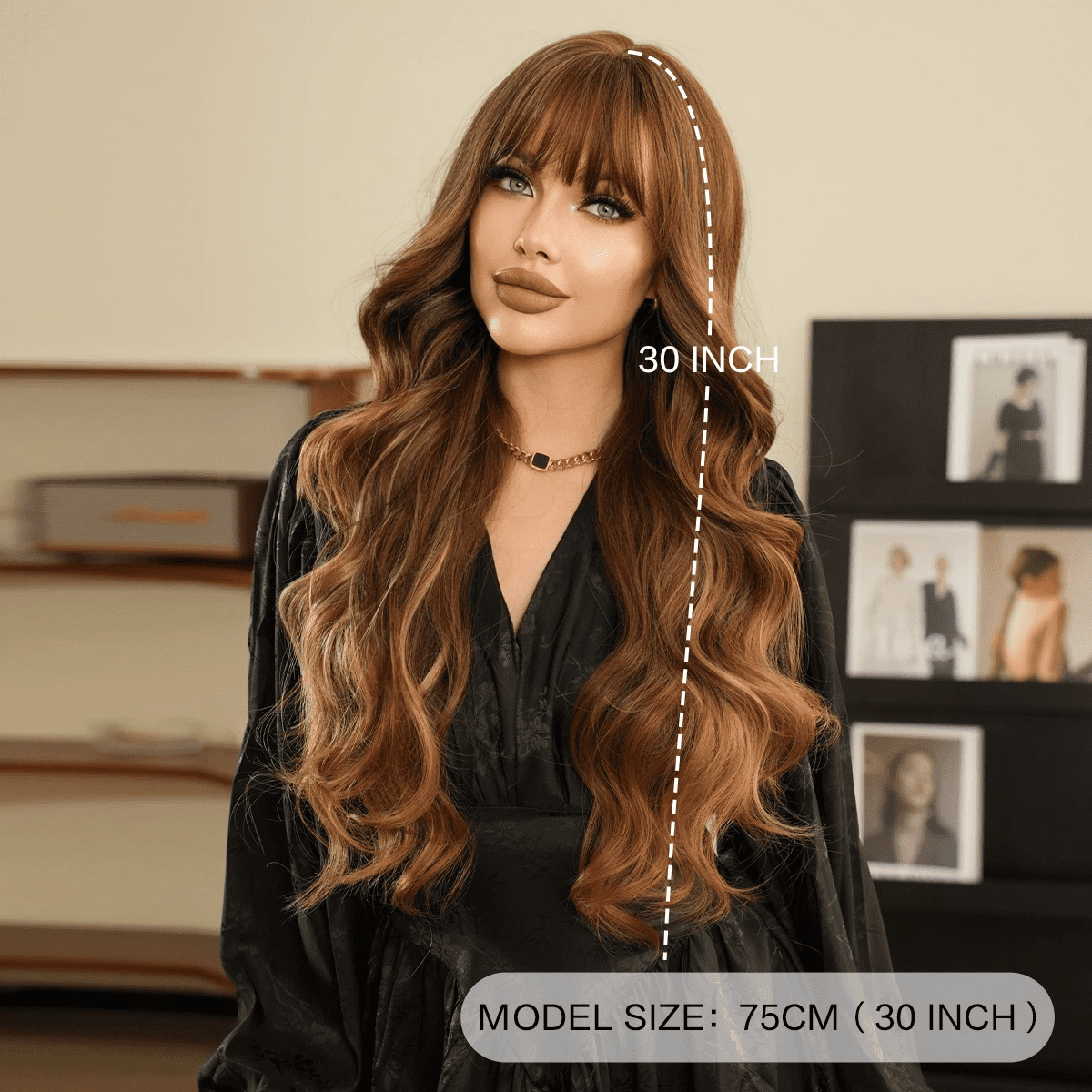 PEAKIN Fashion Wig 30 inch Women Gold Brown Long Curly Hair Big Waves with Bangs Headpiece Wavy Wigs