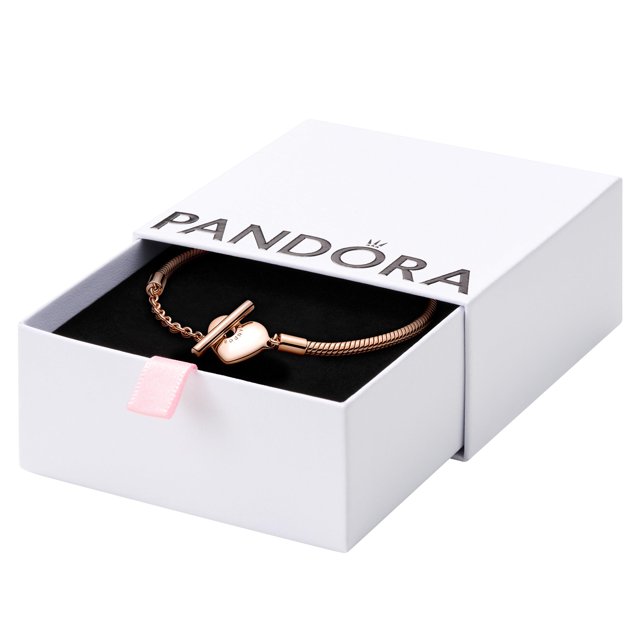 Pulsera Pandora Moments con cierre en forma de corazón y cadena en forma de serpiente chapada en oro rosa de 14 quilates