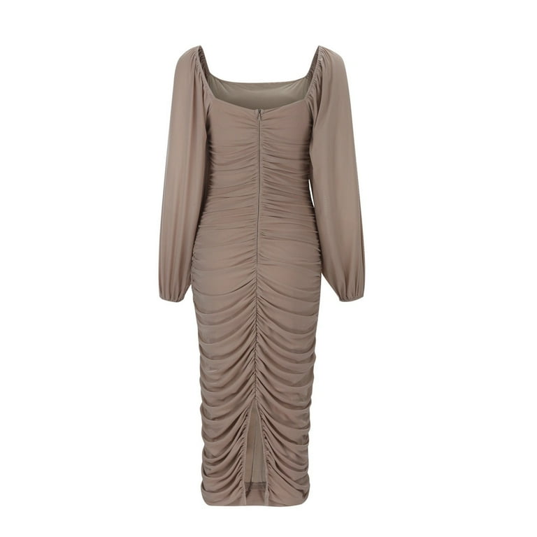 Cathalem Long Sleeve Wedding Dress Women's Long Puff Sleeve Ruched Bodycon  Dress Square Neck Mesh Cocktail Party Midi Dresses (Beige,S) - Walmart.com