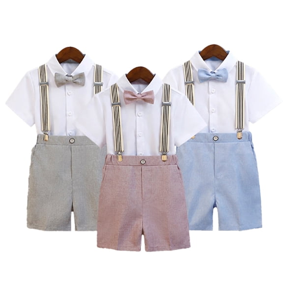 LYMAYTER Boys Toddler Formal Wear Suit Set Short Shirt Shorts Bowtie Suspenders Summer Wedding 1-11Y