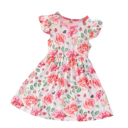 

DxhmoneyHX Girls Summer Dress Ruffled Sleeveless Casual Skater Dresses Boho Floral Print Pleated Swing Dresses