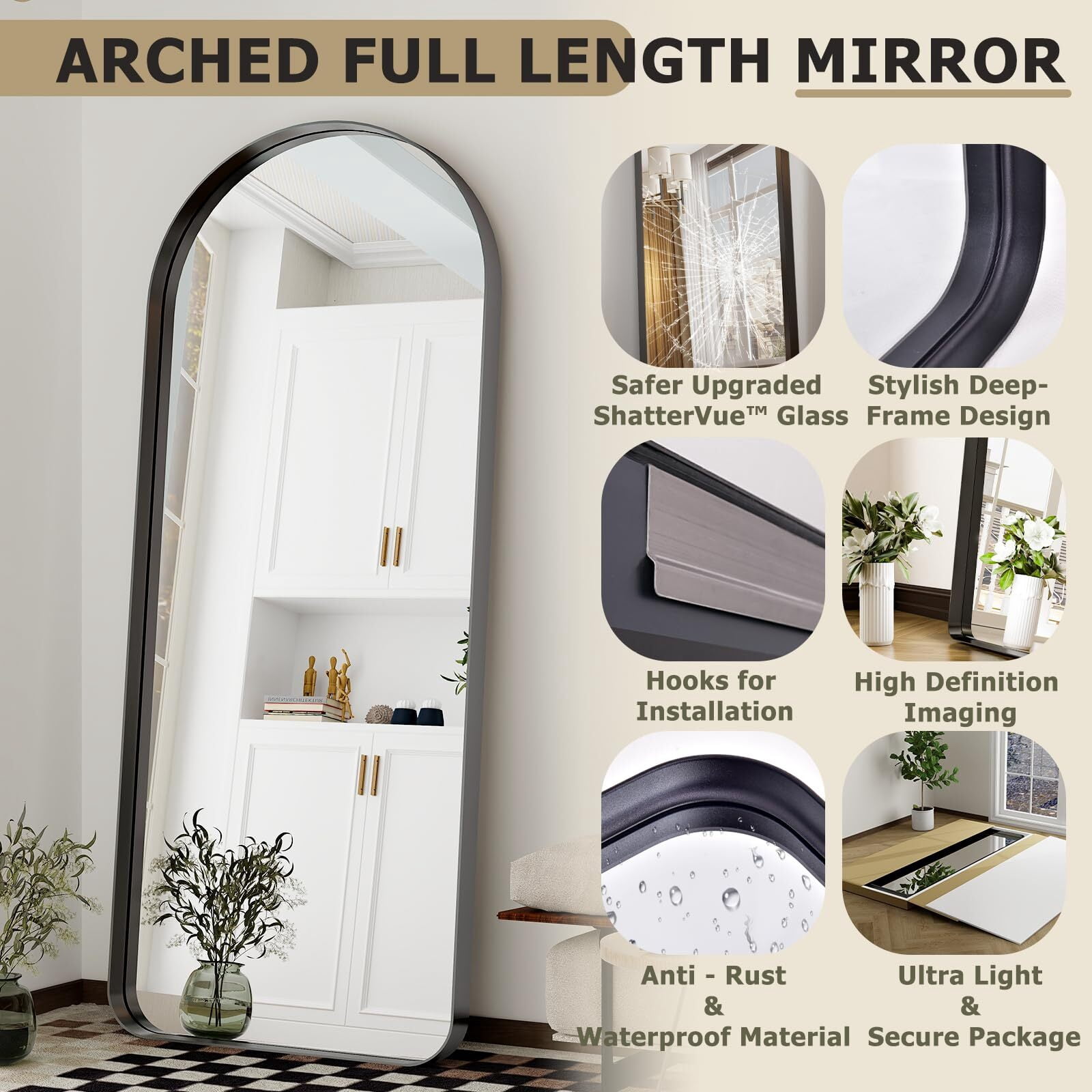 Lumora 71"x 30.5" Arched Full Length Mirror Aluminum Alloy Frame Wall-Mounting or Leaning,Black