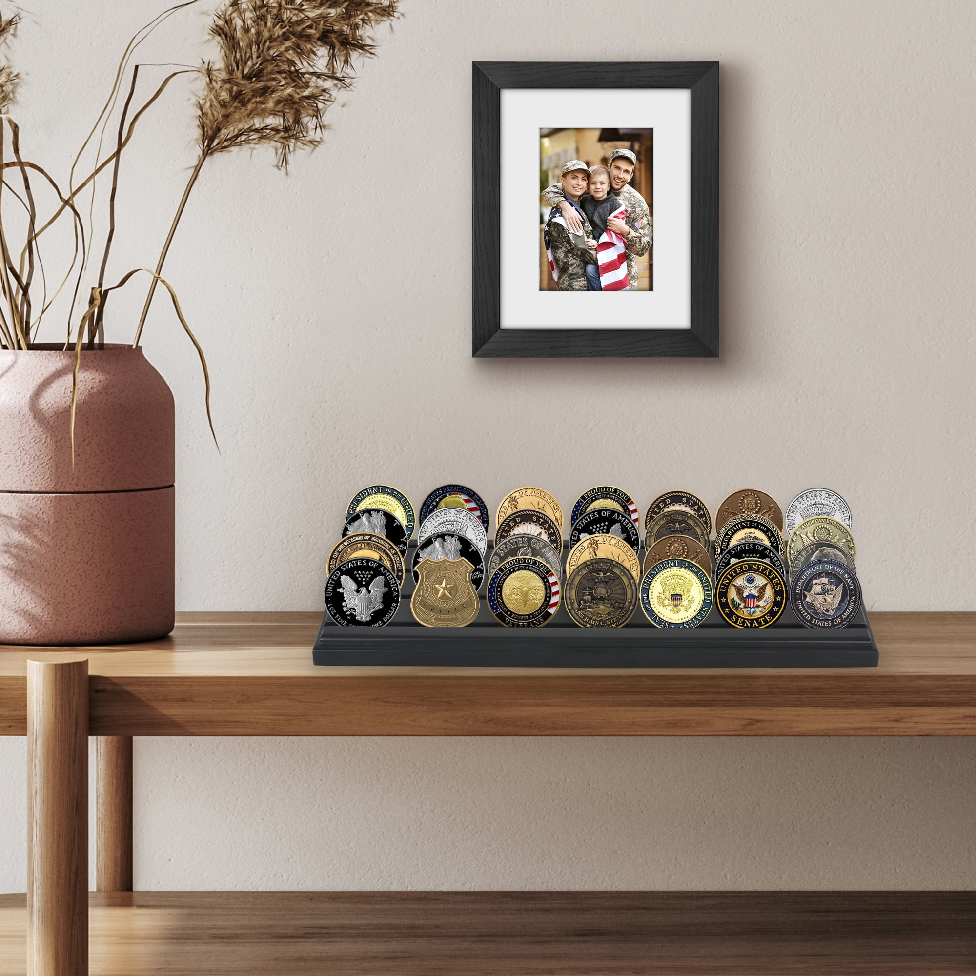 Americanflat 12x4 Picture Frame Challenge Coin Display Rows Military Stand Solid Collectible Holder - Black
