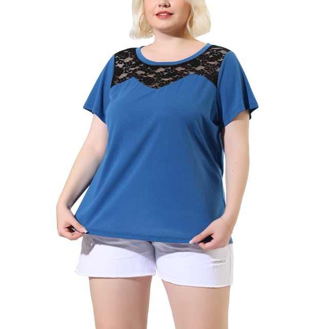 GRACE & GRANDEUR T-shirts à Manches Courtes à Col Rond pour Femmes Grande Taille avec Insert en Dentelle 3X Bleu Foncé