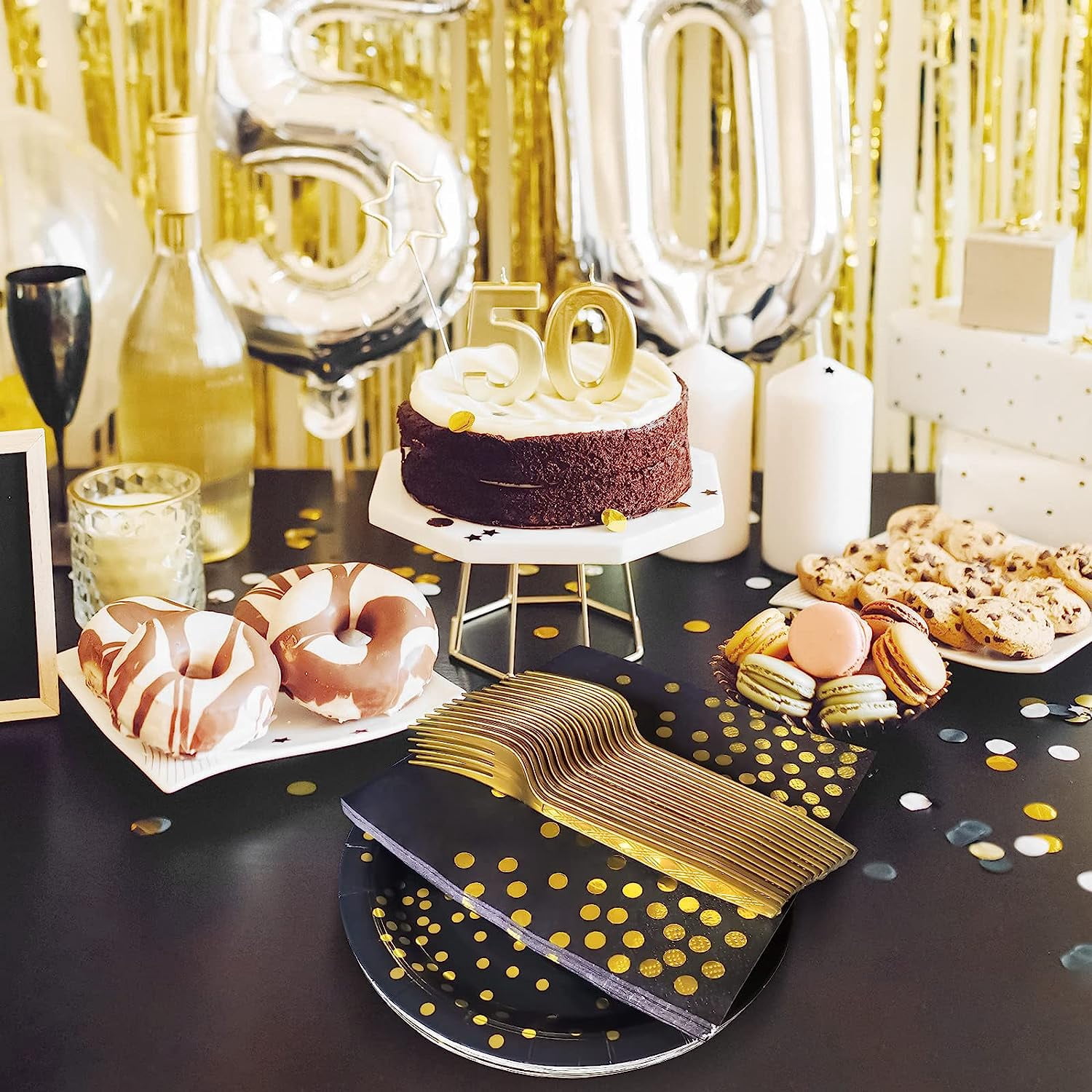 Black and Gold Party Supplies,Black Paper Dessert Plates,100 Pack - 50 x 9" and 50 x 7" Dinner Plates,Disposable Dinnerware Gold Dot Paper Plate for Birthday Retirement Anniversary Party