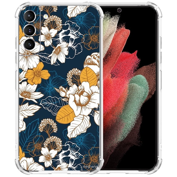 Navy and Gold Peony and Blossom Flower Case for Samsung Galaxy S21,Aesthetic Colourful Floral Plant Case for Men Women,Unique Soft TPU Bumper Case Cover