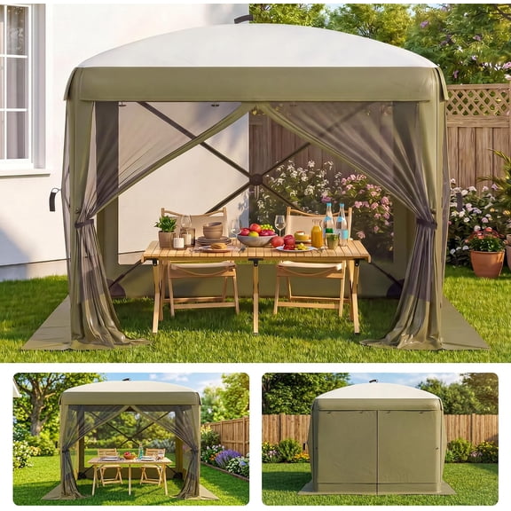 8x8FT 4-Sided Pop Up Gazebo Screen Tent with Mesh Panels, Green | One-Push Setup, Removable & Privacy Wind Cloths, Outdoor Sun Shelter for Camping, Backyard Parties & Events