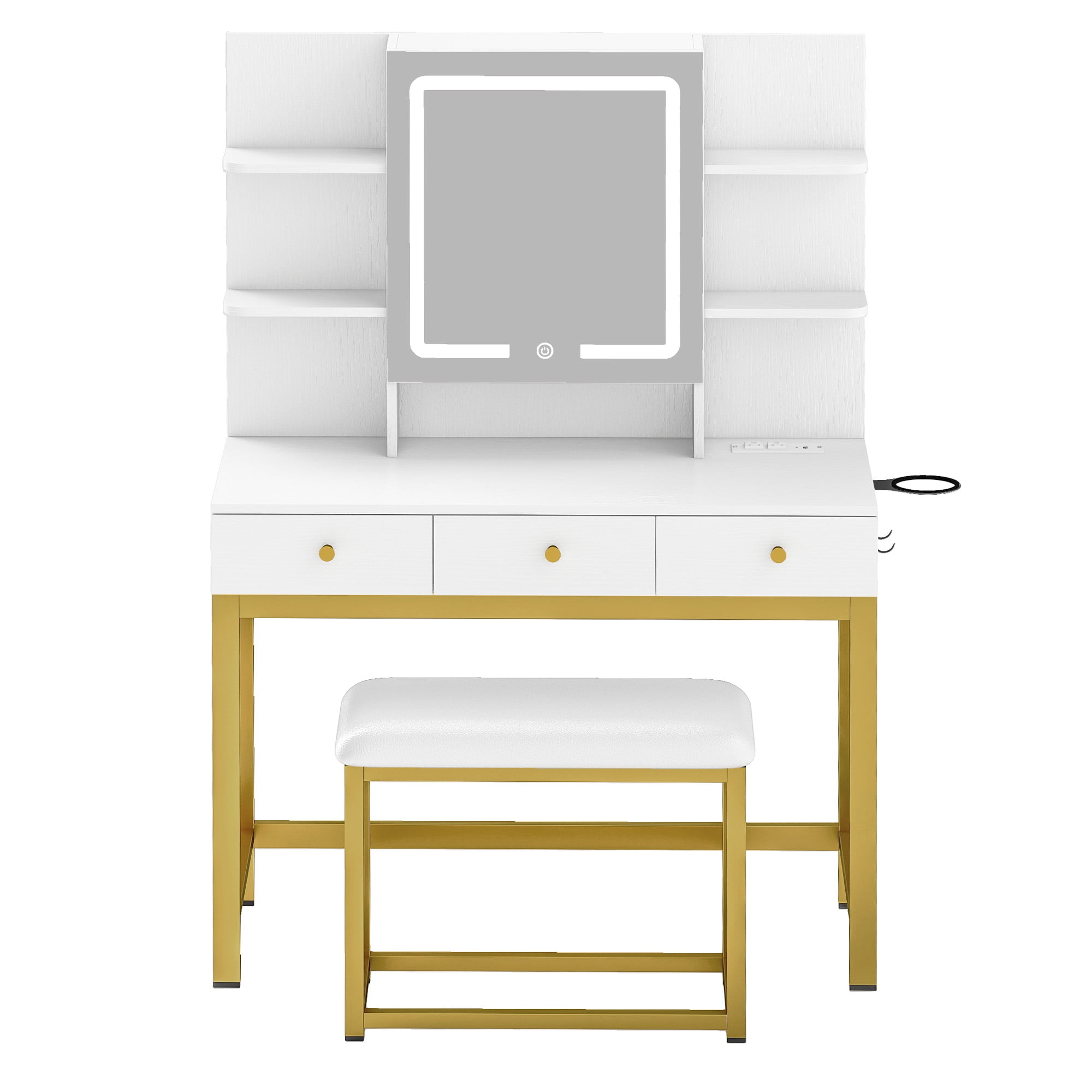 Uforic Vanity Desk Set with Light Mirror & Power Outlet, Makeup Table with Drawers, Adjustable Cabinet/Makeup Vanity Stool for Women, Girls - White