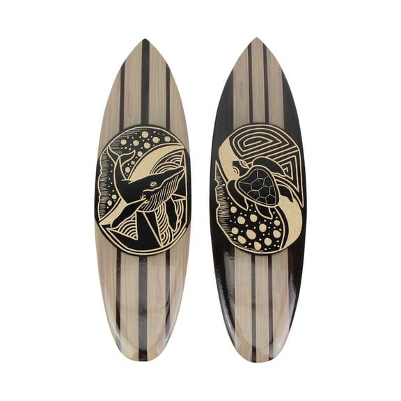 Zeckos Hand Carved Wood Whale Turtle Surfboards Wall Décor Set Of 2