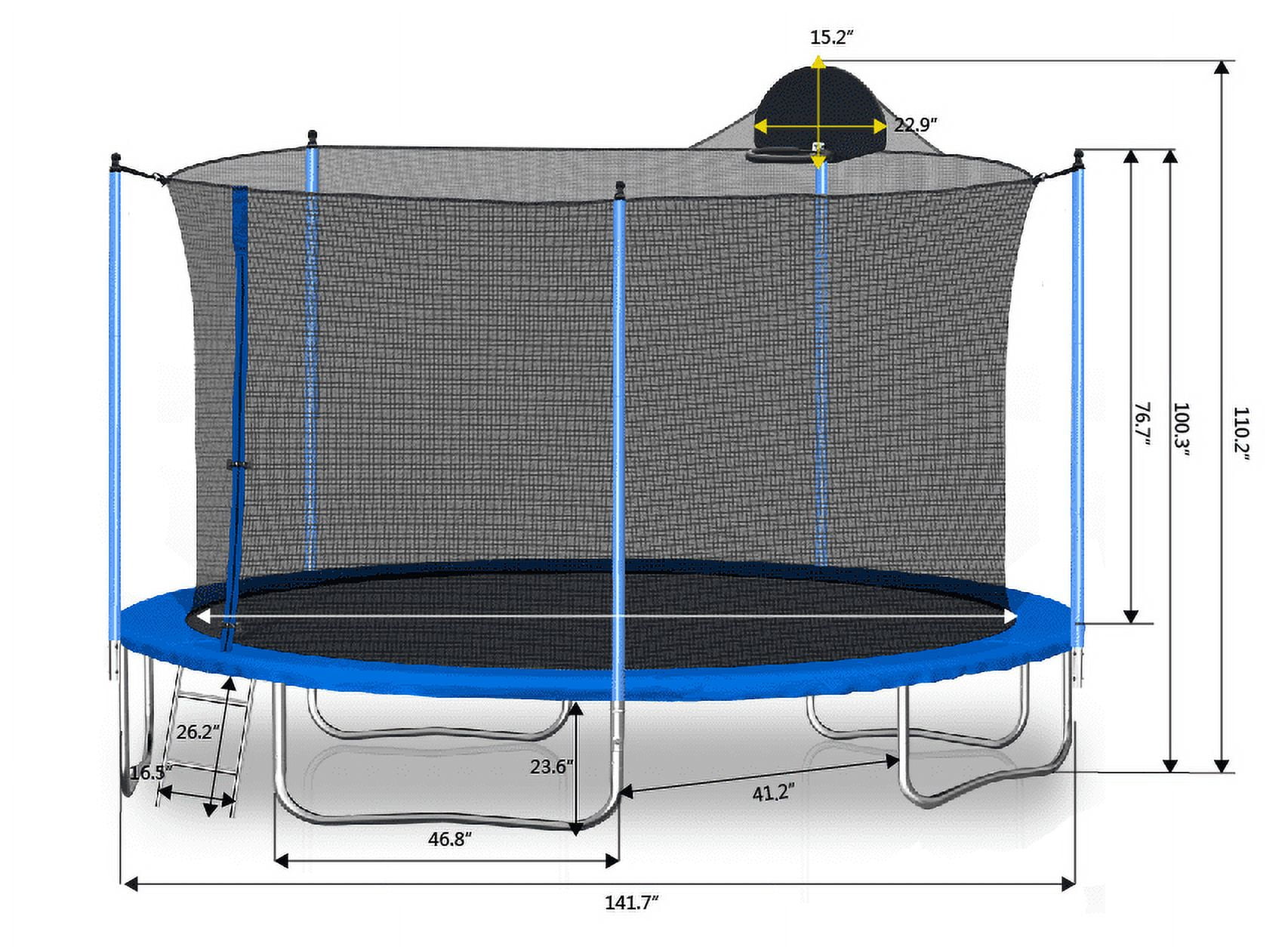 SOGES Trampoline with Basketball Hoop and Safety Enclosure, Blue, 141.70" x 141.70" x 110.20"