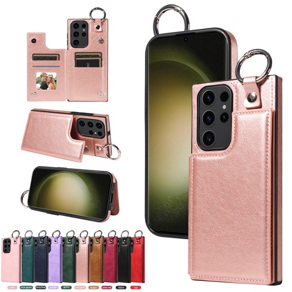 TECH CIRCLE For Galaxy S24ultra Wallet Case with Card Holder, PU Leather Kickstand Finger Grip Ring Shockproof Women Men Magnetic Protective Wallet Cover for Samsung Galaxy S24 Ultra 6.8",Rosegold