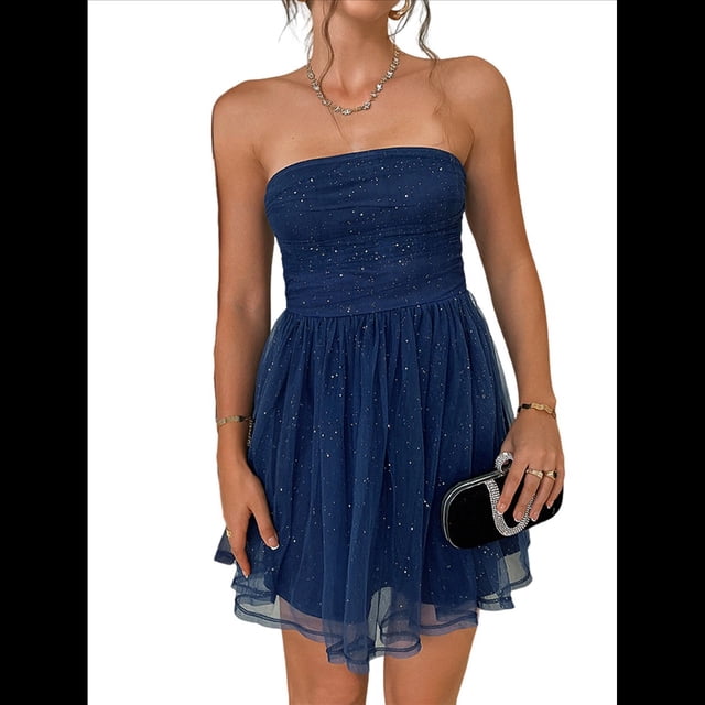 Vestido de Cóctel de Verano para Mujer: Minivestido de Tubo con Volantes Fruncidos Azul Marino XL
