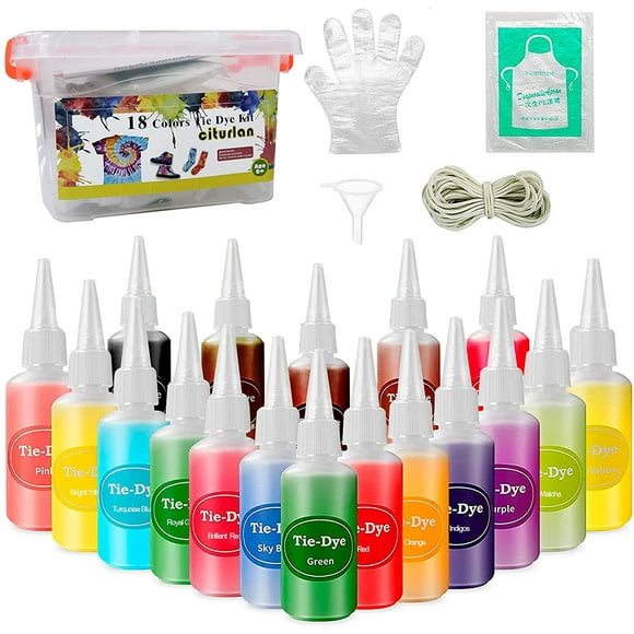 DIY Tie Dye Kits,18 Vibrant Colors Fabric Dye Art Set,Permanent Tie Dye Party Supplies with Rubber Bands, Gloves,Funnel, Apron and Table Covers,30ml Capacity Bottle for T-Shirts, Scarfs,