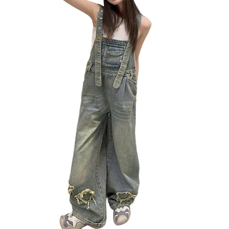 DGMIOCS Girls Vintage Washed Distressed Denim Overalls - Wide Leg Jumpsuit with Ring Buckle Straps Blue 8-9 Years