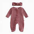 thumbnail image 4 of NOLDARES Newborn Baby Girls Smocked Romper Preemie Long Sleeve Jumpsuit Going Home Outfit with Bow Headband,A1130-Wine, 4 of 5