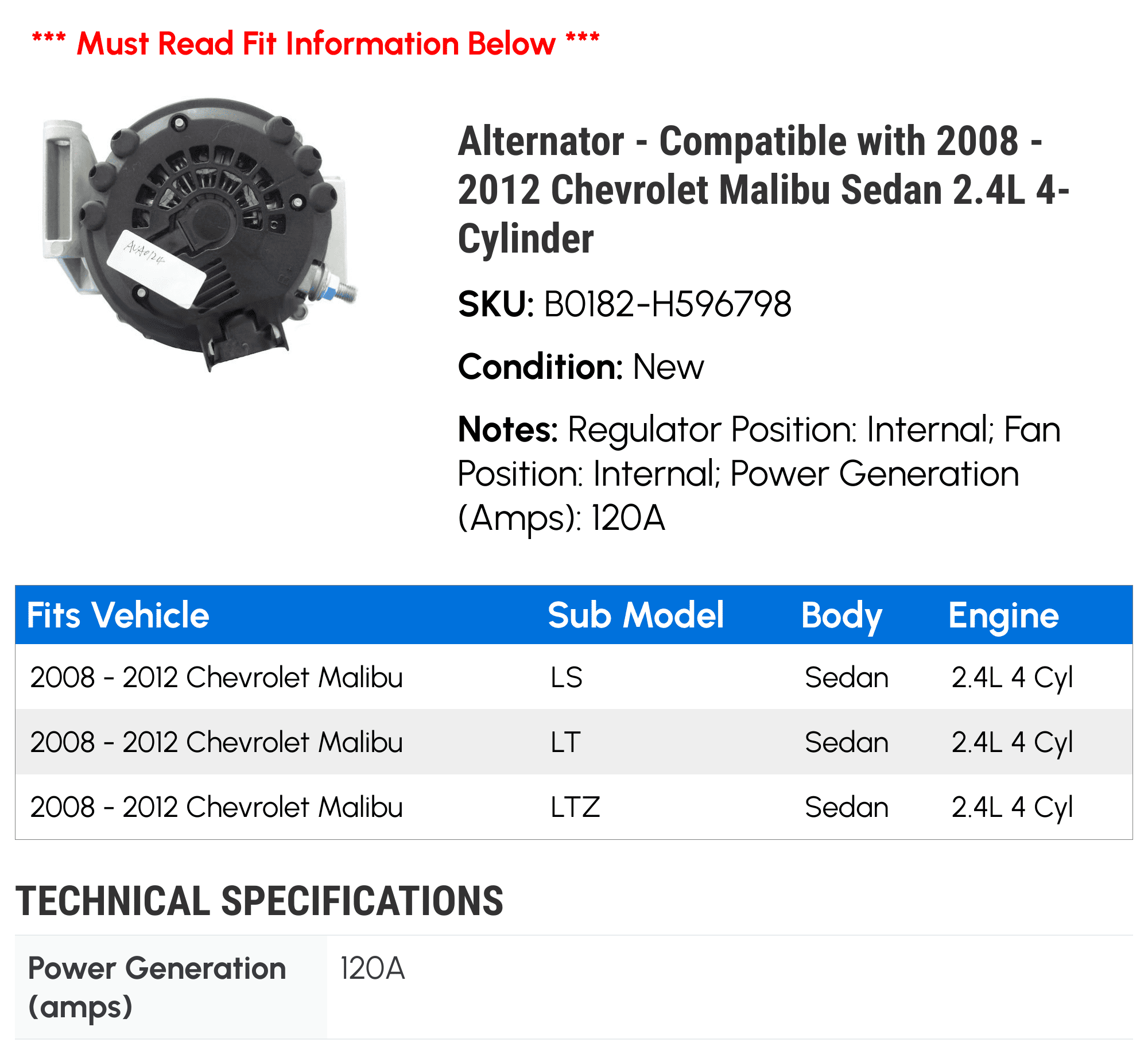 Alternator - Compatible with 2008 - 2012 Chevy Malibu Sedan 2.4L 4-Cylinder 2009 2010 2011