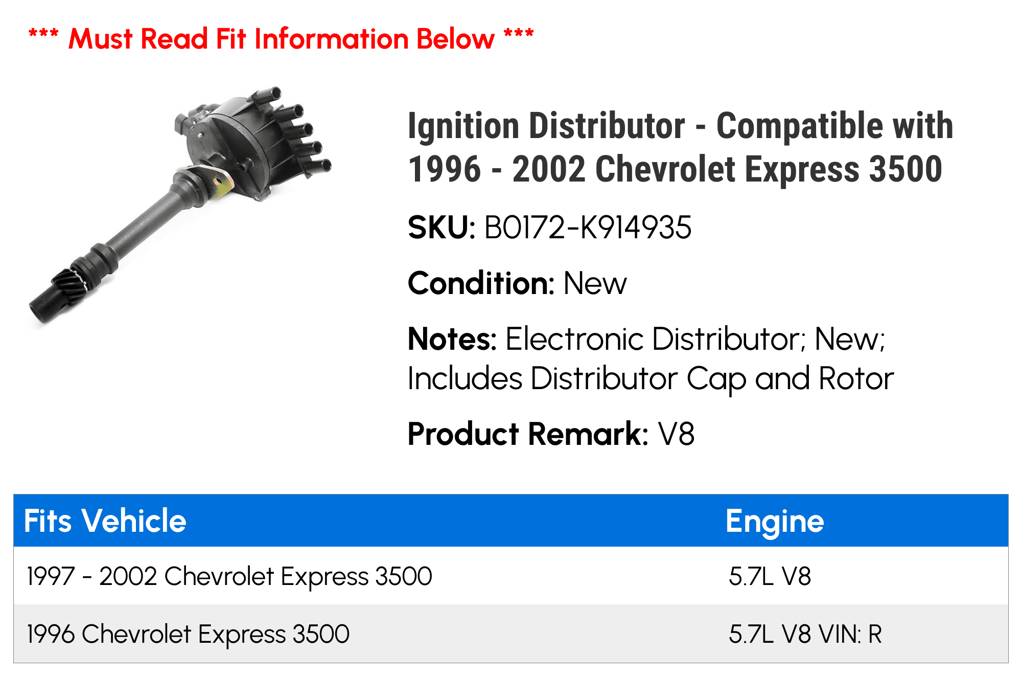 Ignition Distributor - Compatible with 1996 - 2002 Chevy Express 3500 1997 1998 1999 2000 2001