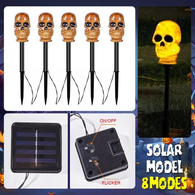 Estacas de calavera LED 3D para decoración de Halloween, luces solares y con pilas para camino de patio, porche, césped, decoración de jardín