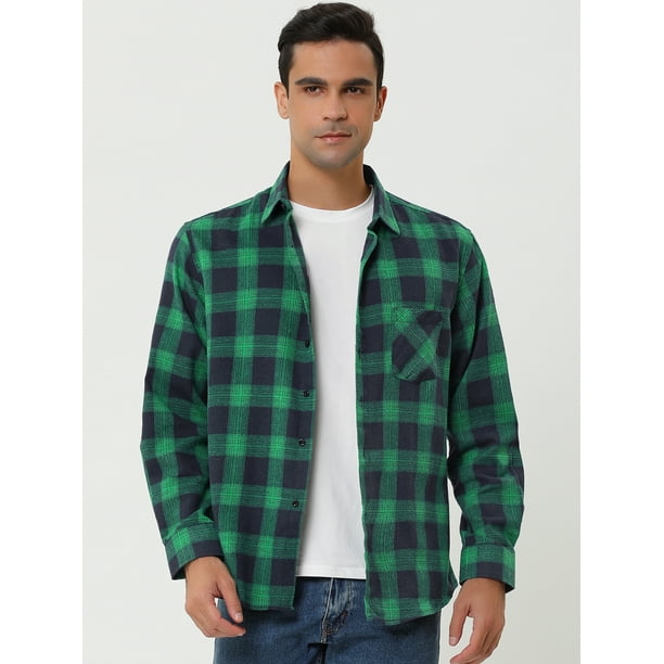 Camisa de franela a cuadros para hombre cepillada informal de manga larga con botones a cuadros Verde azul S Unique Bargains Camisa Walmart en linea